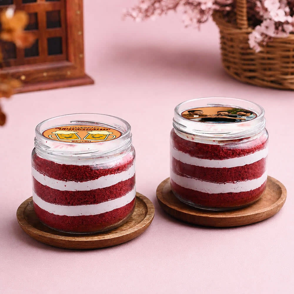 Friendship Cheers Red Velvet Photo Jar Cakes Front View of Friendship Cheers Photo Jar Cakes
