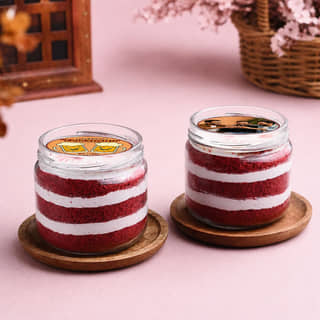 Front View of Friendship Cheers Photo Jar Cakes Front View of Friendship Cheers Photo Jar Cakes