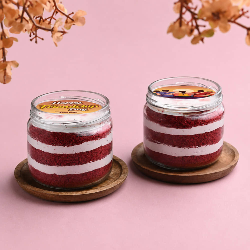 Friendship Day Red Velvet Jar Cake Duo Front View of Friendship Day Red Velvet Jar Cake