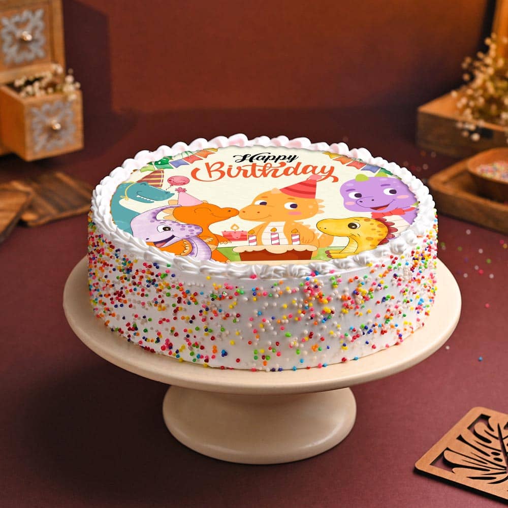 Fun Dino Theme Photo Cake Side View of Order Fun Dino Theme Photo Cake Online