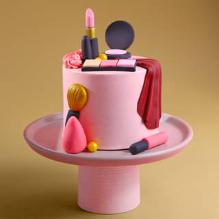 Makeup Themed Pink Cake with Fondant Cosmetics Makeup Themed Pink Cake with Fondant Cosmetics
