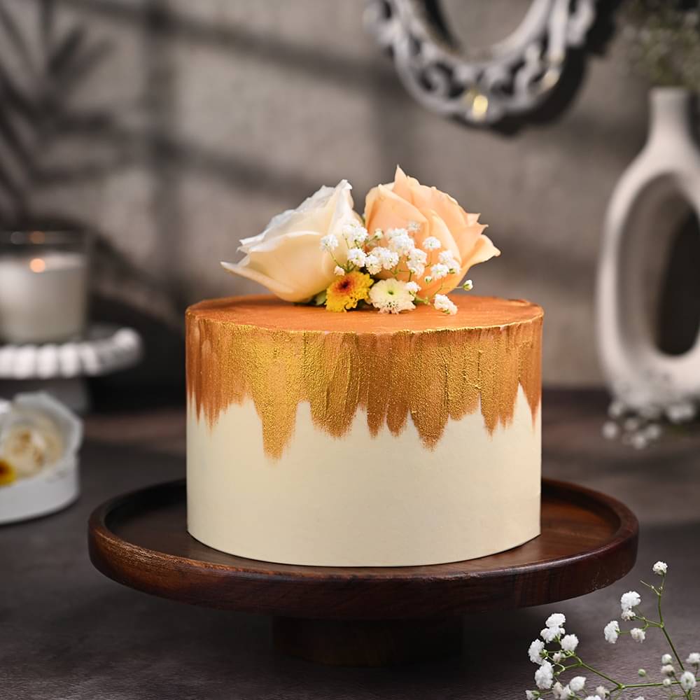 Side View of Golden Floral Wedding Cake