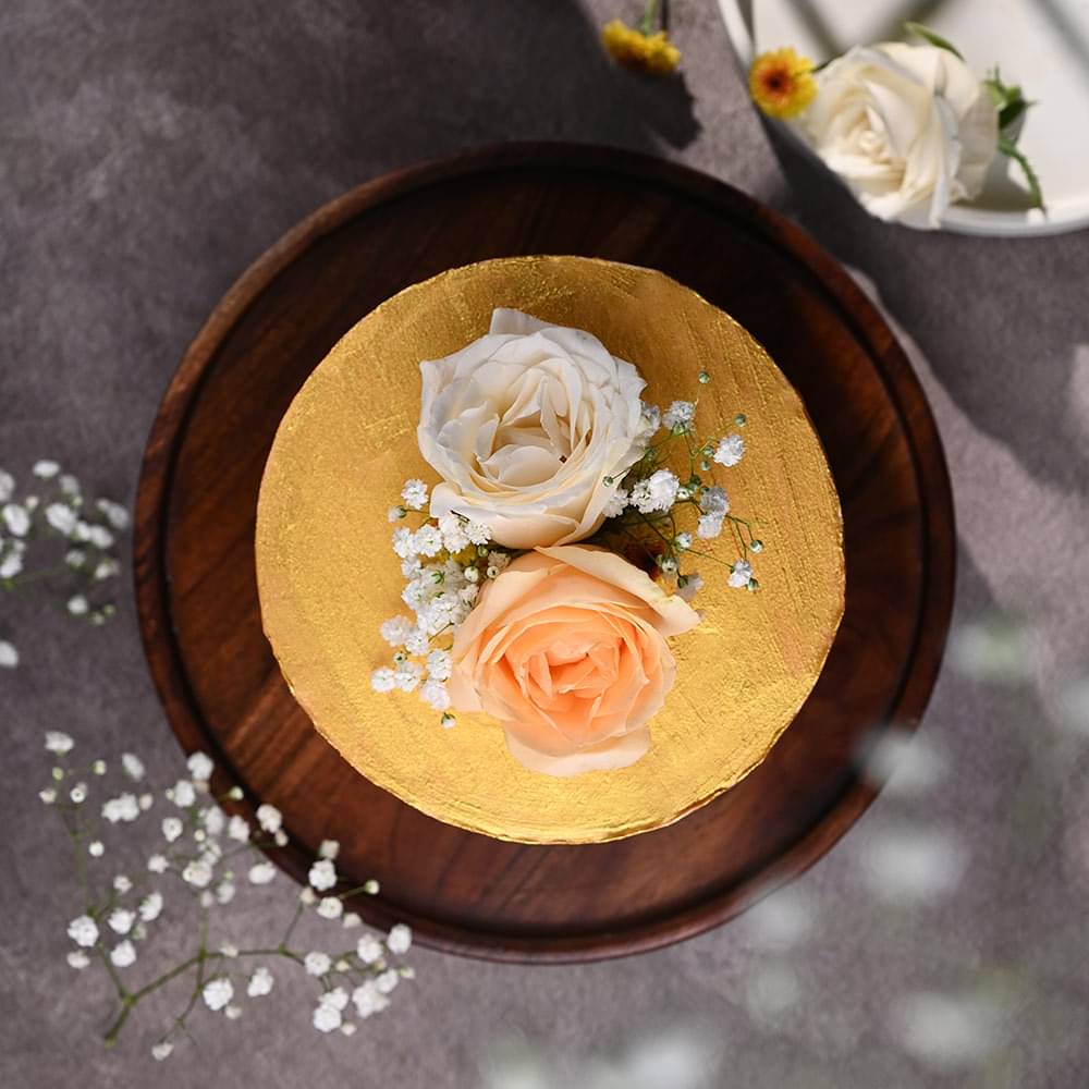 Front View of Golden Floral Wedding Cake