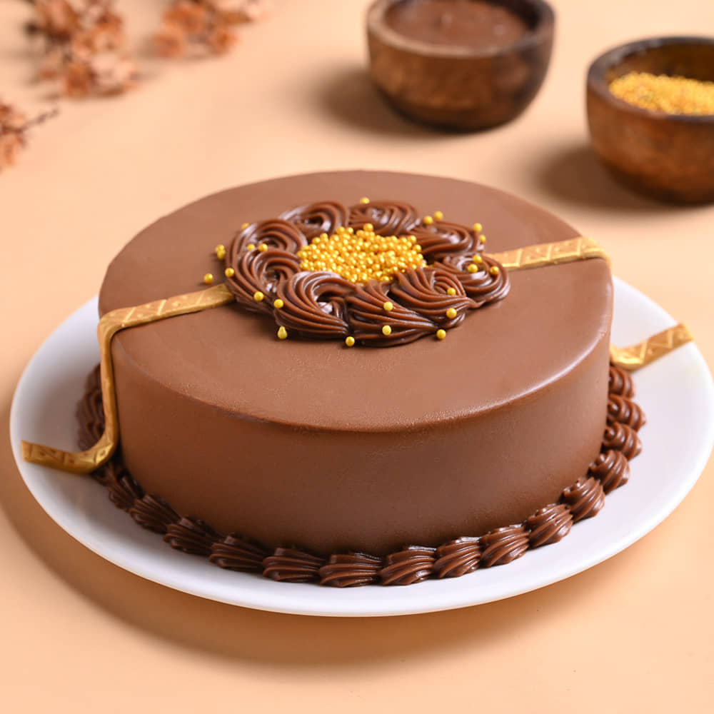 Golden Rakhi Truffle Cake Front View of Golden Rakhi Truffle Cake