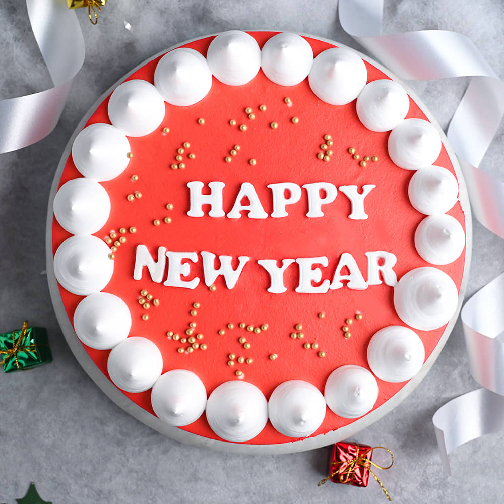 Top View Happy New Year Round Chocolate Cake