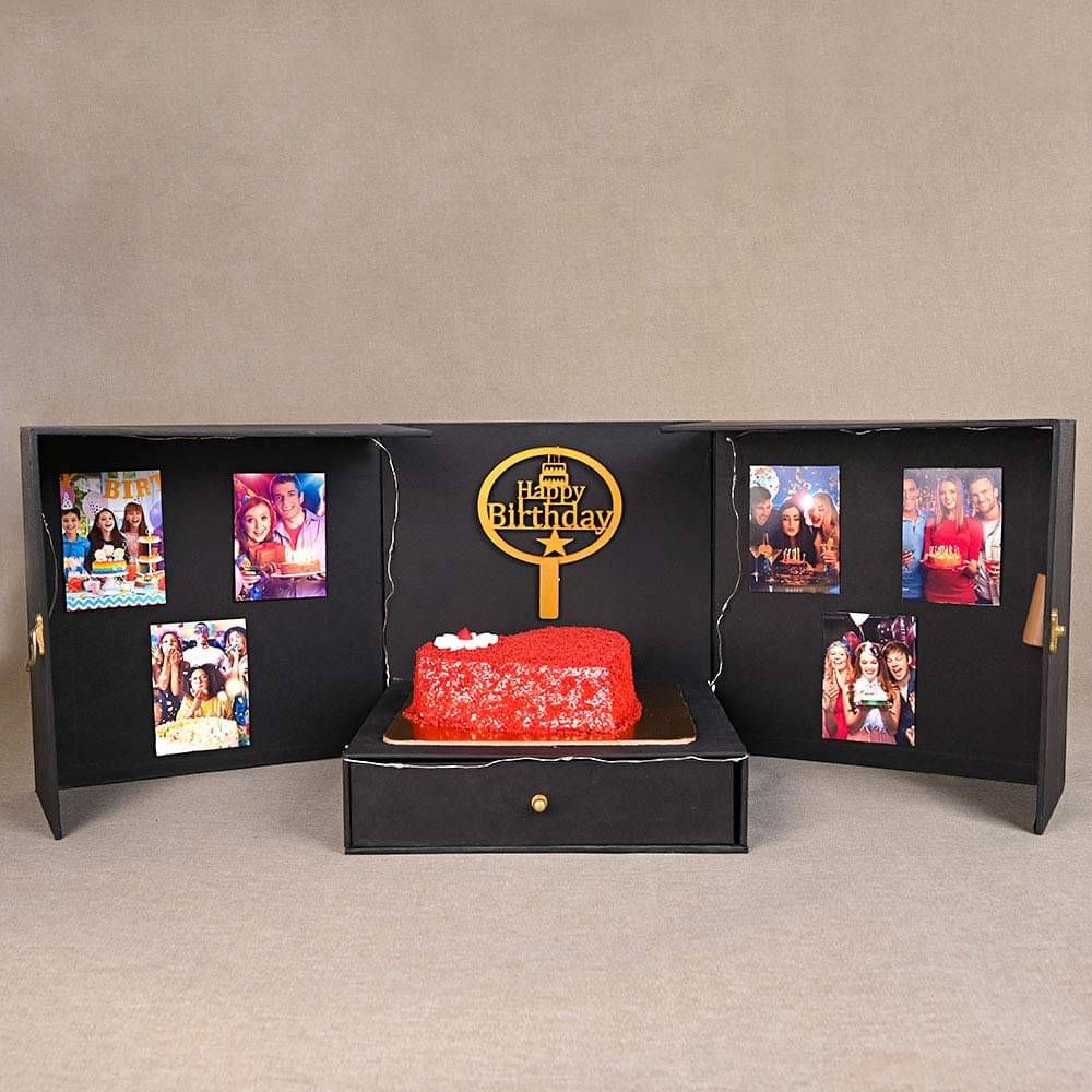 Red Velvet Cake N Chocolate Box Open View of Heart Red Velvet Cake Surprise Box