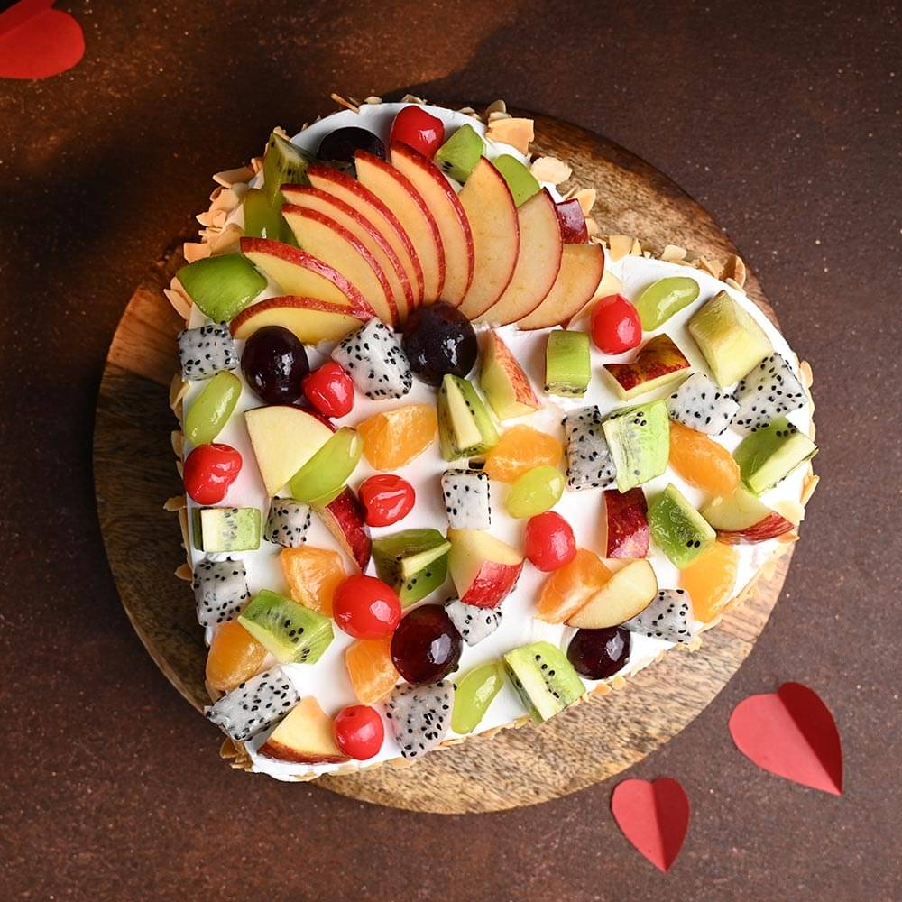 Top View of Heart Shaped Fruits N Nuts Valentine Cake