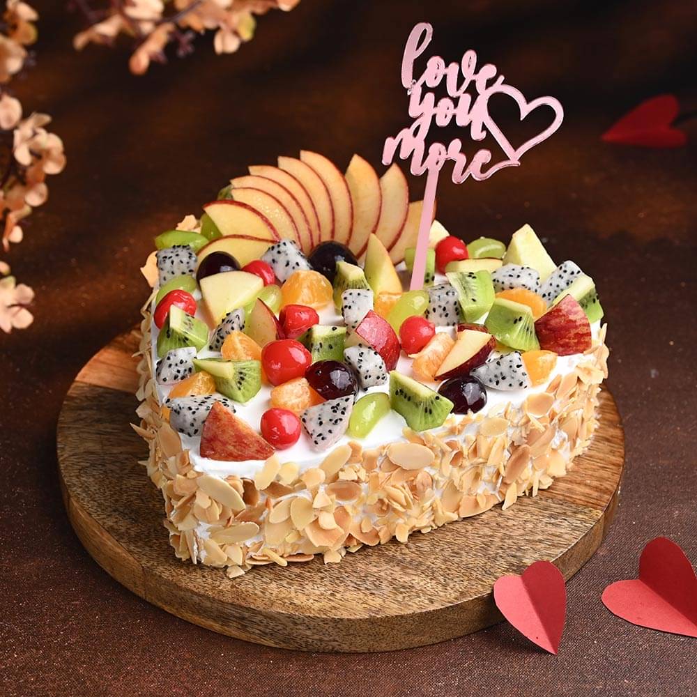 Side View of Heart Shaped Fruits N Nuts Valentine Cake
