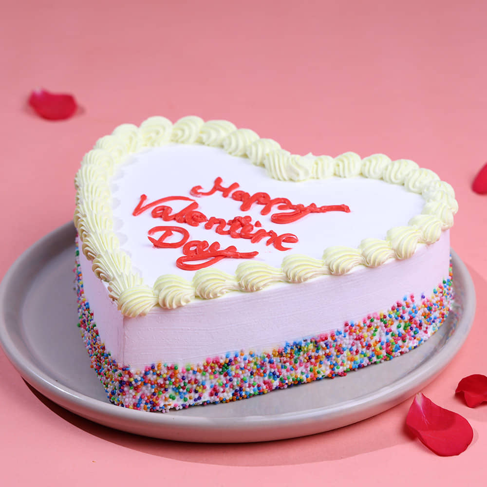 Sprinkled Heart Valentines Day Cake Side View of Valentines Day Cake