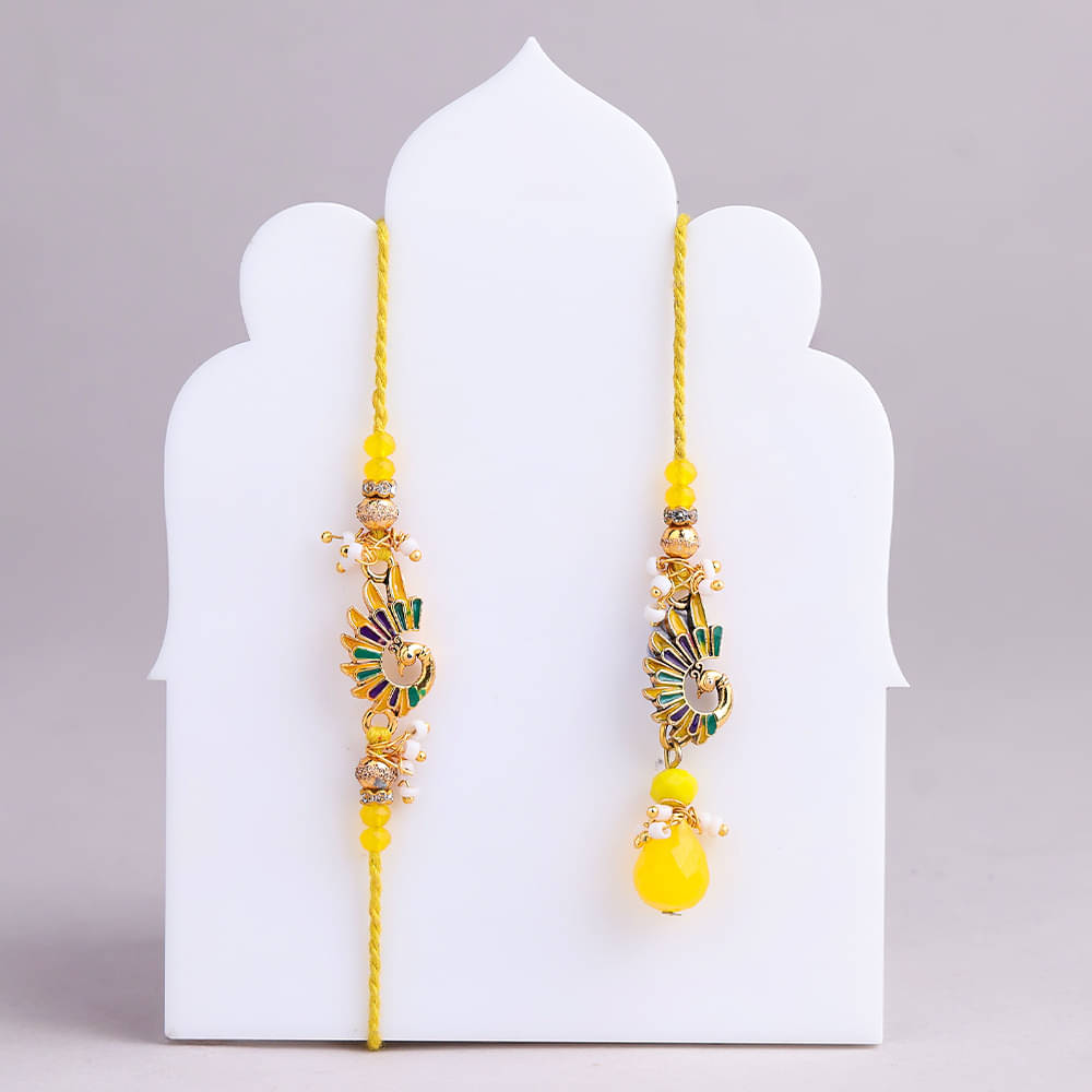 Indian Fusion Assorted Dessert Box 9 Pieces N Rakhi Combo Yellow Bhaiya Bhabhi Rakhi