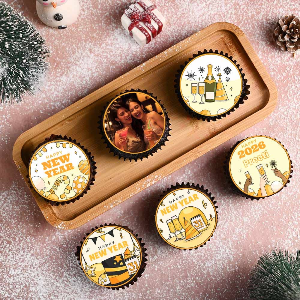Front View of Joyous New Year Photo Cupcakes Set of 6