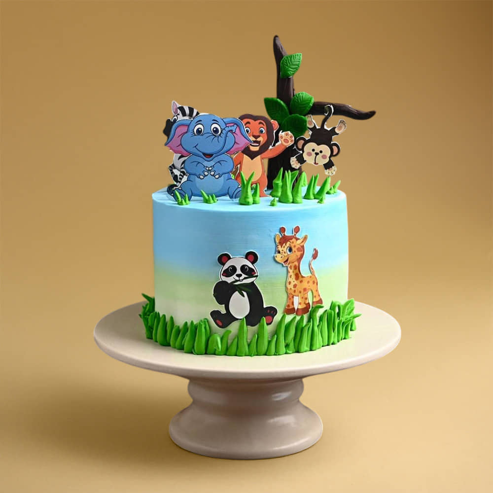 Top View of Front Angled View of Jungle Paradise Theme Cake