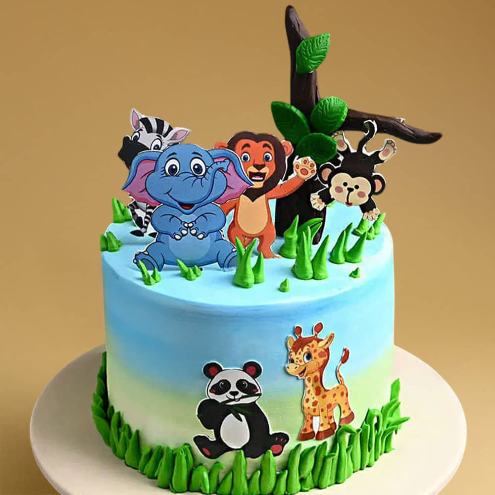 Front Angled View of Jungle Paradise Theme Cake