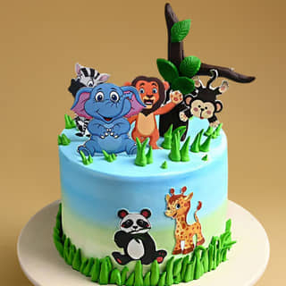 Front Angled View of Jungle Paradise Theme Cake Front Angled View of Jungle Paradise Theme Cake