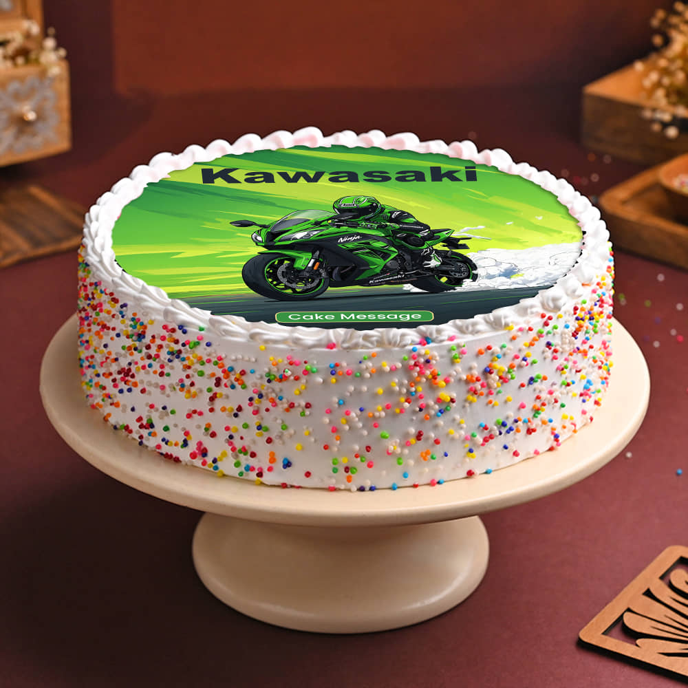 Kawasaki Bike Theme Cake Front Angled View of Kawasaki Bike Theme Cake