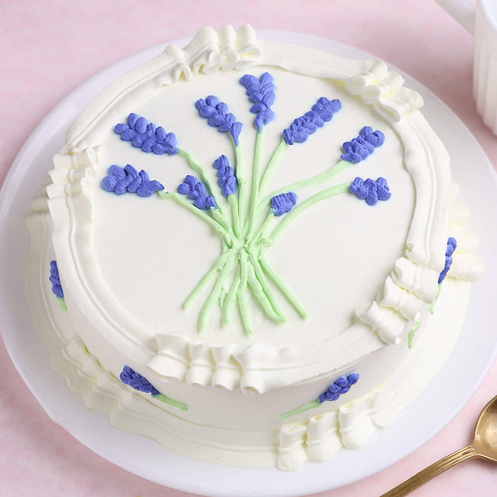 Front Angled View of Lavender Vanilla Cake