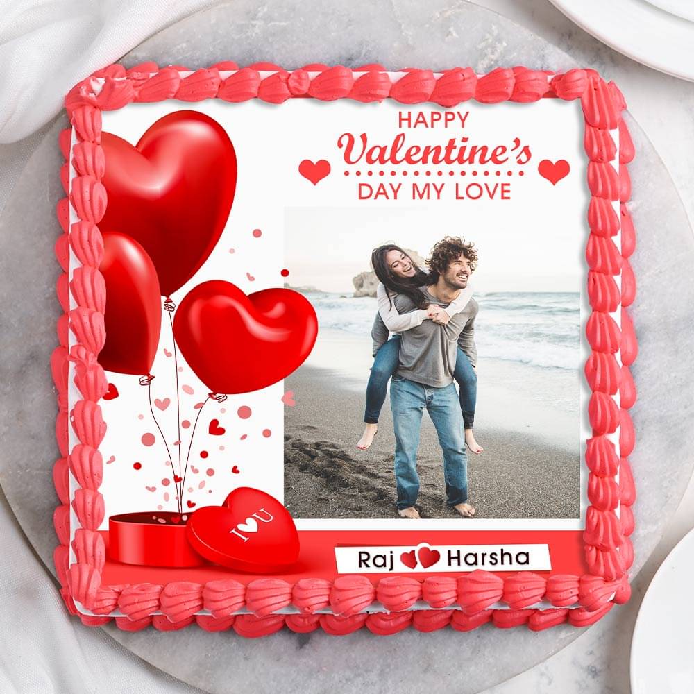 Romance Overloaded Photo Cake Top View of Square Shaped Photo Cake For Valentines Day