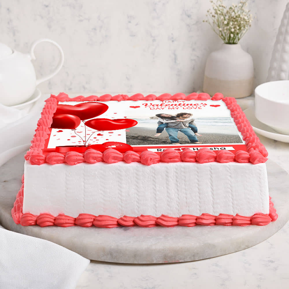Romance Overloaded Photo Cake Side View of Square Shaped Photo Cake For Valentines Day
