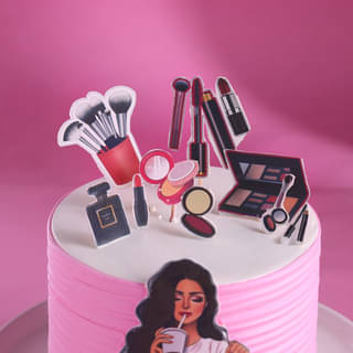 Pink Makeup Theme Cake with Girl Illustration Pink Makeup Theme Cake with Girl Illustration