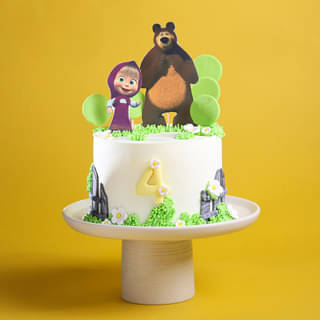 Masha and the Bear 4th Birthday cake with Character toppers, Green Frosting Grass