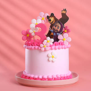 Pink Birthday Cake Decorated with Masha and the Bear Toppers