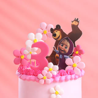 Pink Masha and The Bear Cake with Flowers and Number 3 Topper