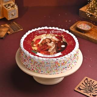 Memorable Red Merry Christmas Photo Cake