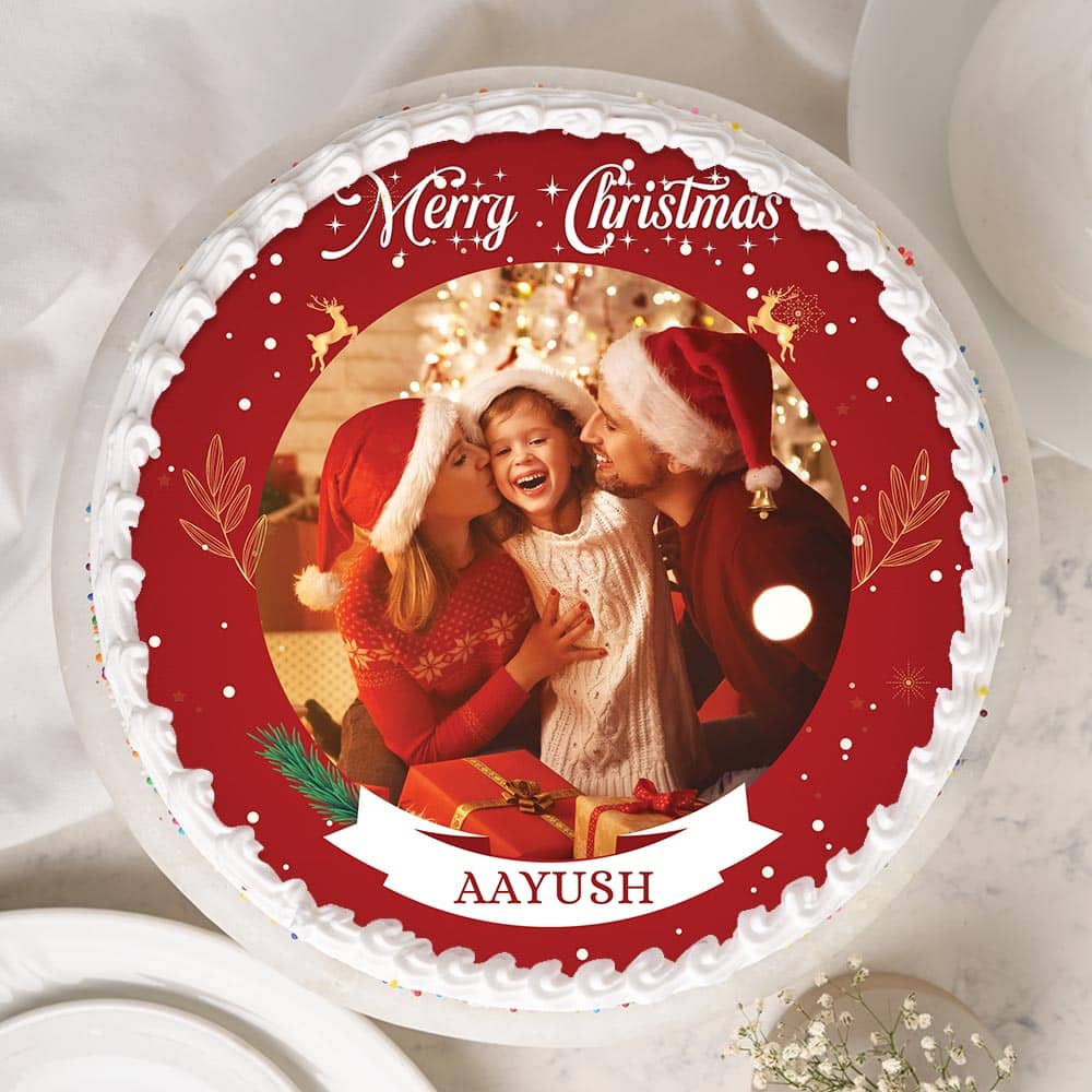 Memorable Red Merry Christmas Photo Cake