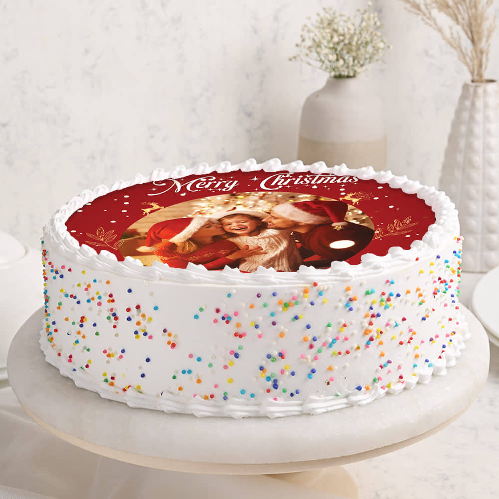 Memorable Red Merry Christmas Photo Cake