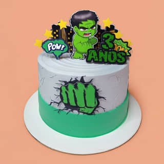 Superhero Hulk Smash Cake Featuring Punch Graphic and City Backdrop
