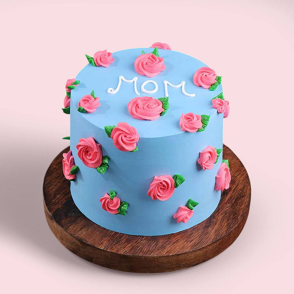 Front View of Moms Blue Floral Cake