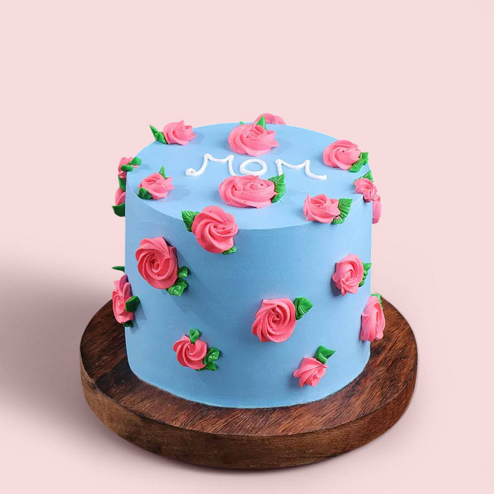 Top View of  Moms Blue Floral Cake