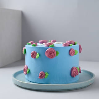 Front View of Mother's Day Blue Floral Cake Online for Mom