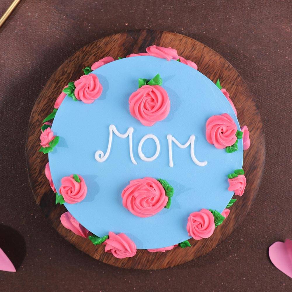 Front View of Moms Blue Floral Cake