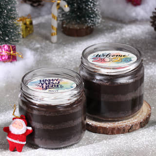 Side View of New Year Wishes Chocolate Jar Cake Duo