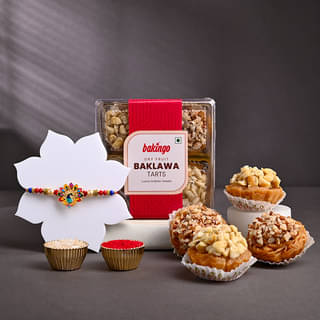 Peacock Rakhi With Dry Fruit Baklawa Laddoo