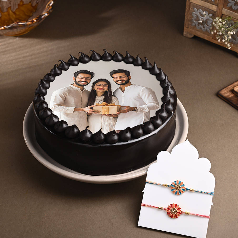 Photo Cake With Designer Rakhi Duo