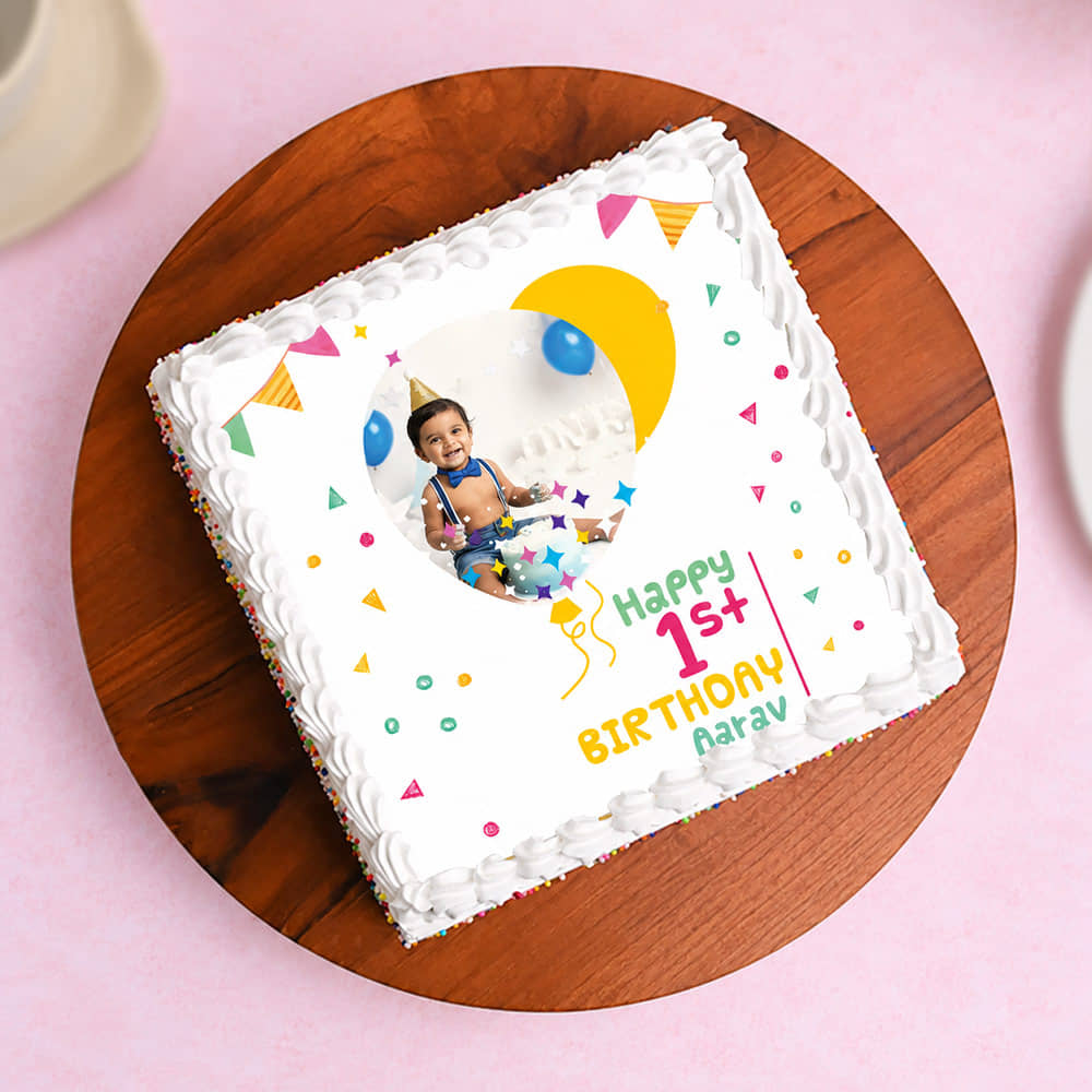 Confetti N Balloons Photo Cake Photo One Year Bday Cake