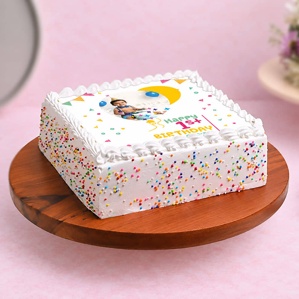 Confetti N Balloons Photo Cake Photo One Year Bday Cake
