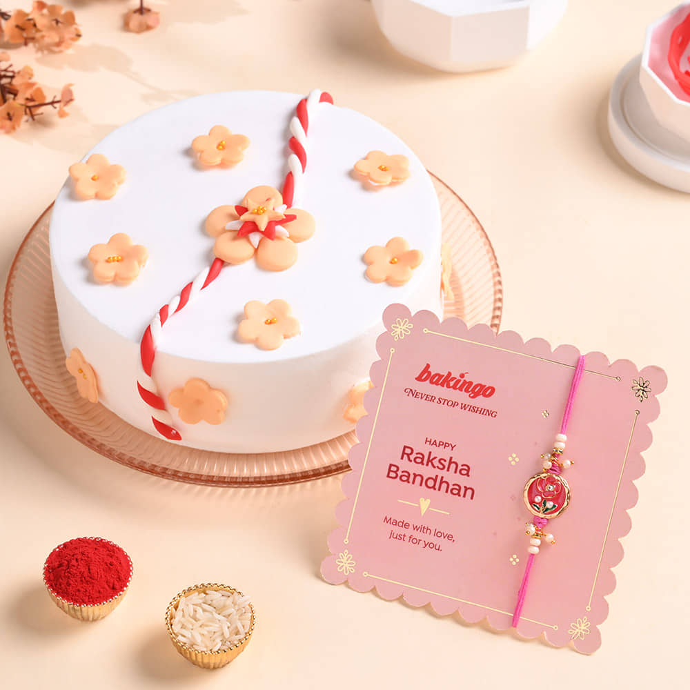 Floral Rakhi Cake With Pearl Rakhi Pineapple Cake With Rakhi