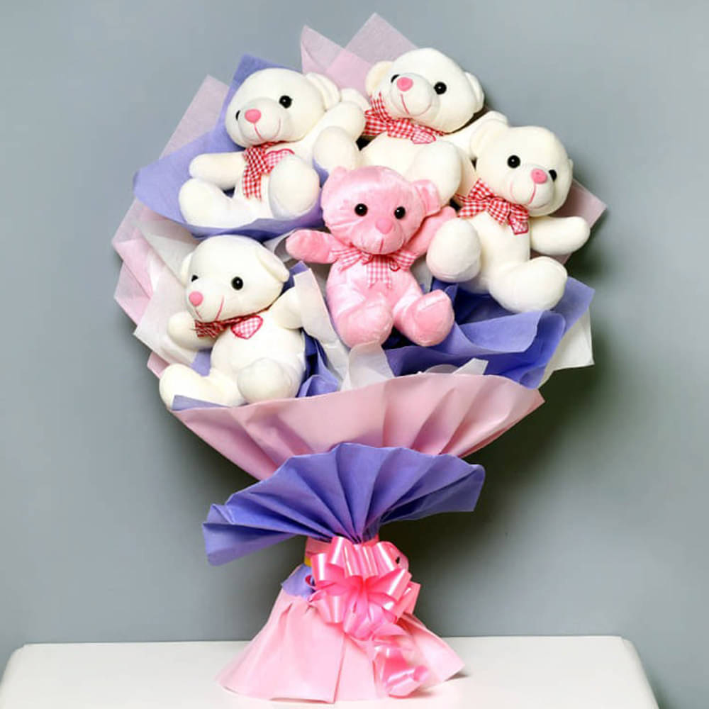 Buy Pink N White Teddies Bouquet-Cuddle Bear