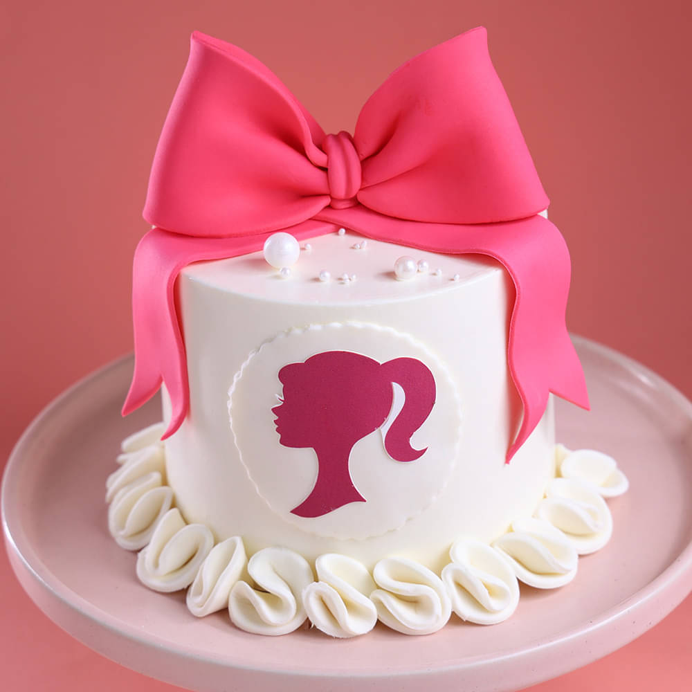 Side View of Pink Barbie Cream Fondant N Sugar Sheet Cake