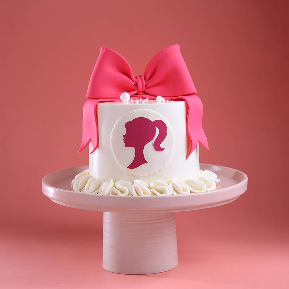 Side View of Pink Barbie Cream Fondant N Sugar Sheet Cake