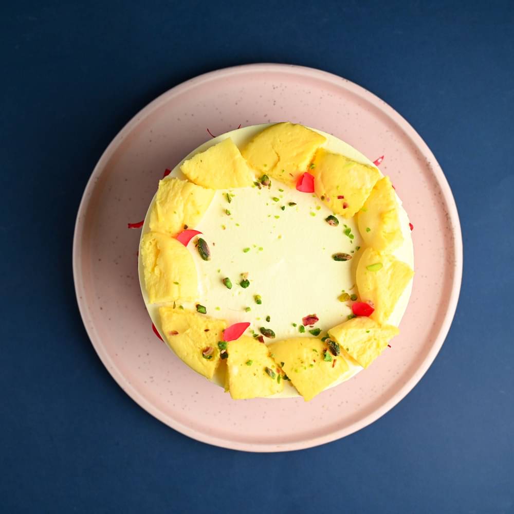 Top View of Rose Petals N Pistachio Rasmalai Cake