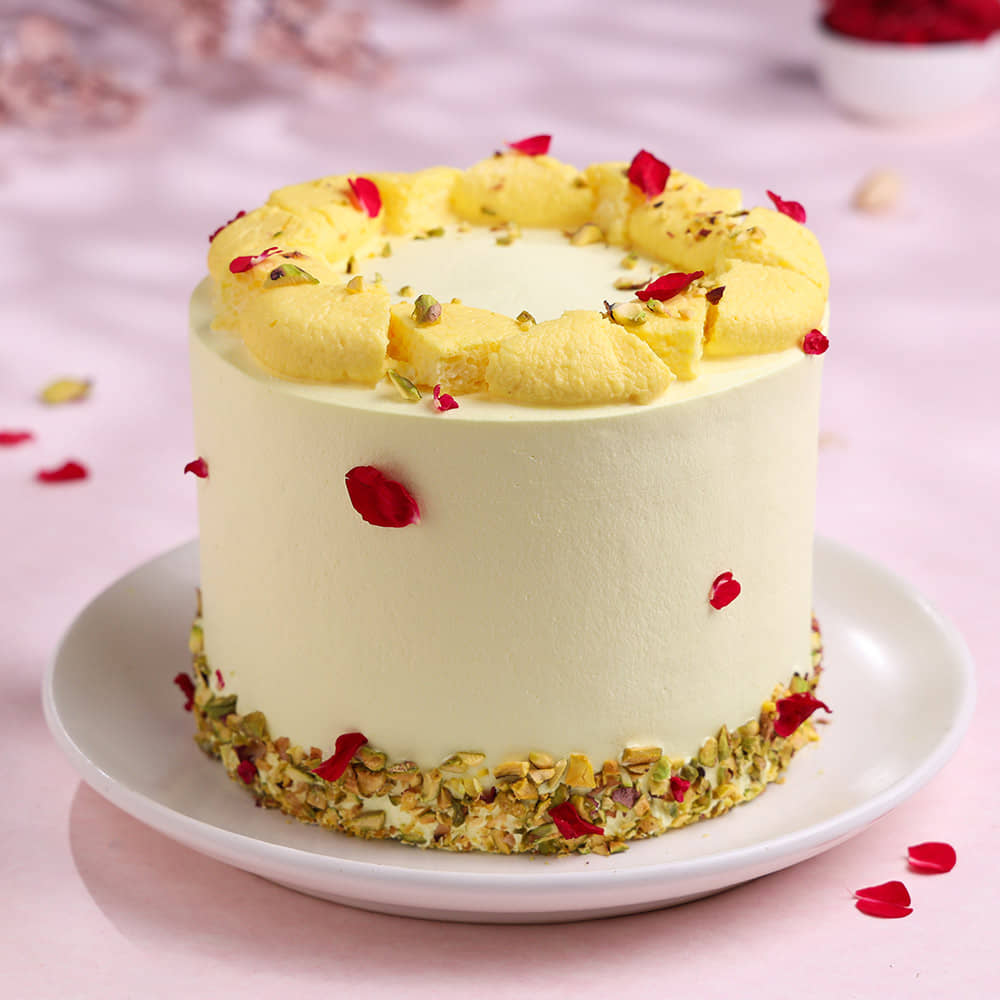 Rose Petals N Pistachio Rasmalai Cake Side View of Rose Petals N Pistachio Rasmalai Cake