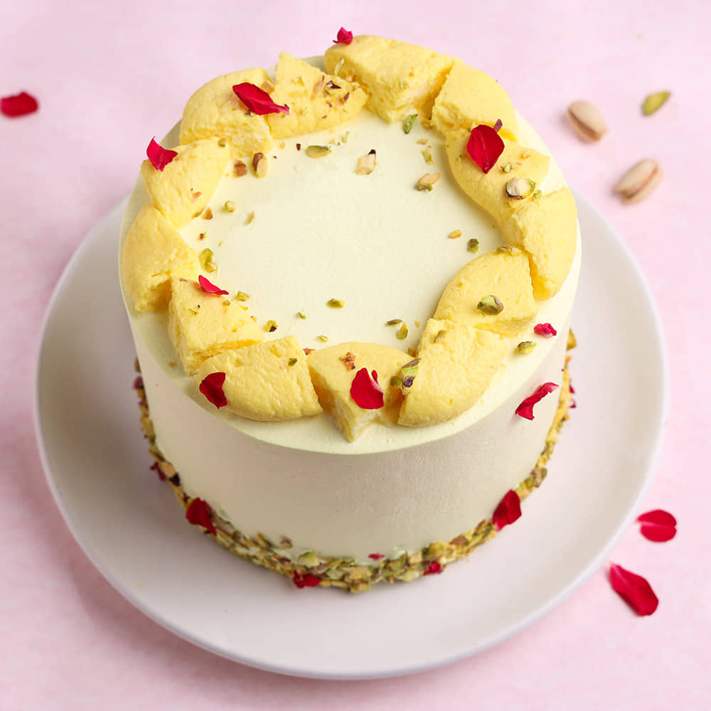 Rose Petals N Pistachio Rasmalai Cake Top View of Rose Petals N Pistachio Rasmalai Cake