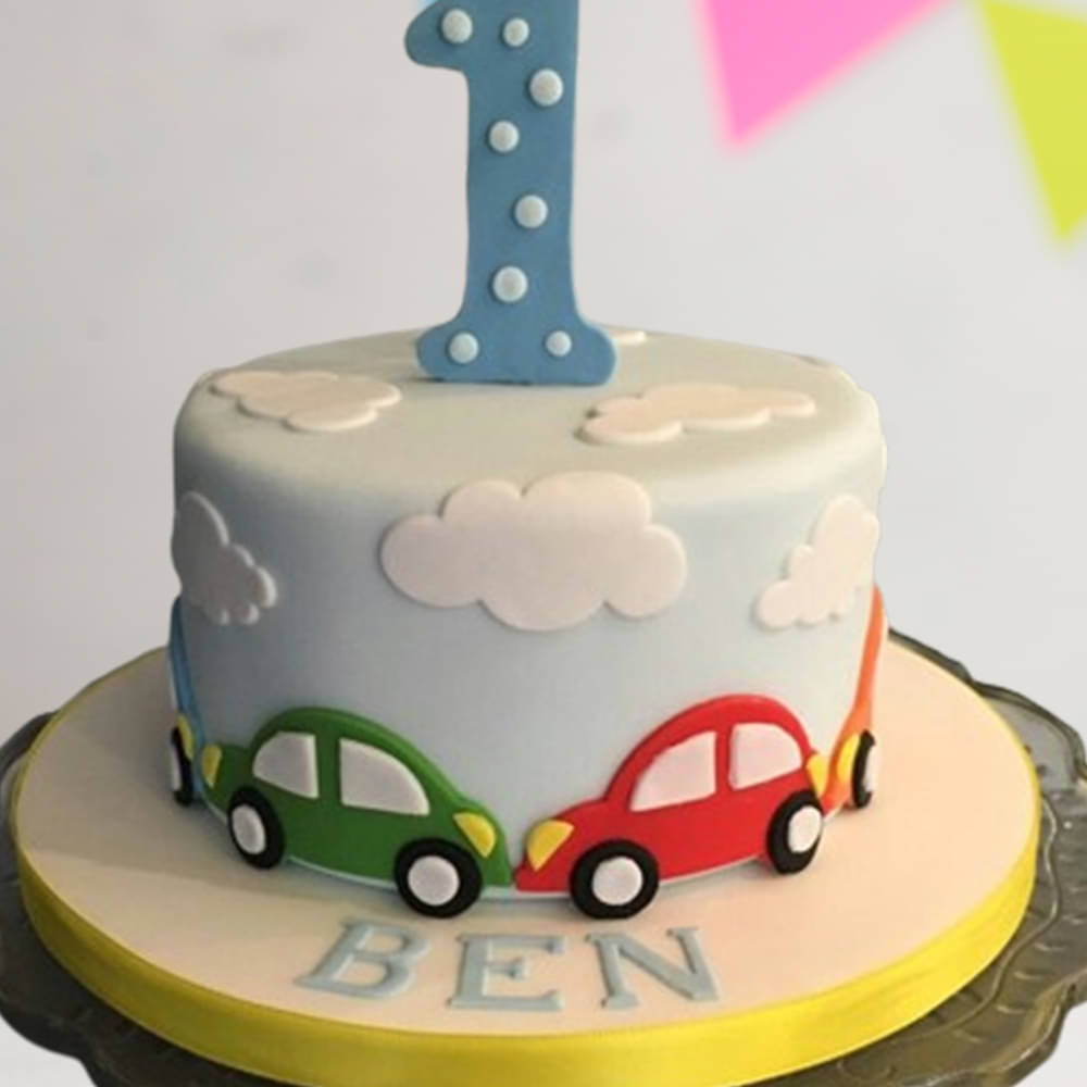Top View of Playful Car Fondant Sugar Sheet Cake