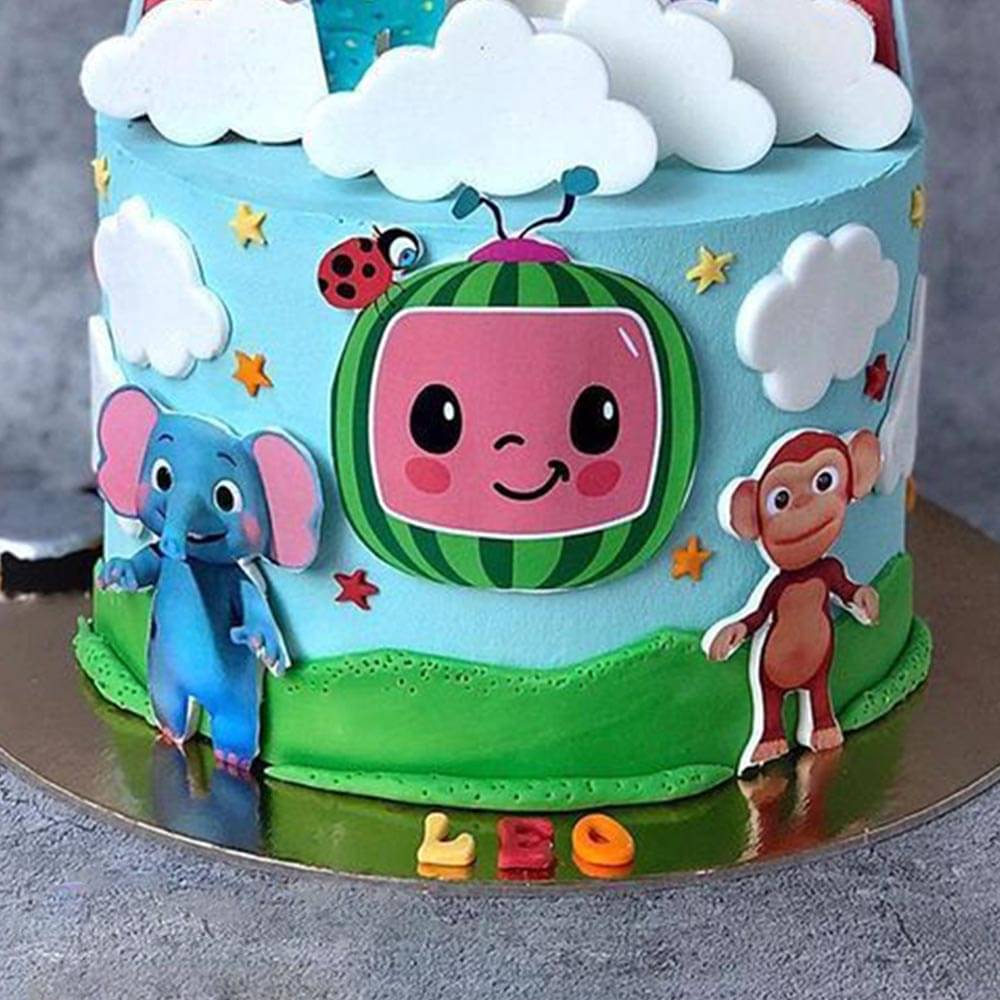 Front View of Playful Cocomelon Theme Cream Cake