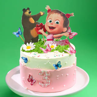 Pink and white Birthday Cake with Masha and the Bear Toppers