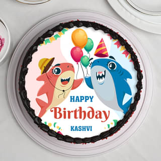 Top-View of Playful Sharks Birthday Cake
